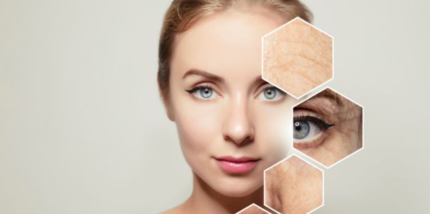 Das Bild zeigt ein Frauengesicht von der Seite und eine Hautstelle wird, wie unter einer Lupe, vergrößert dargestellt.